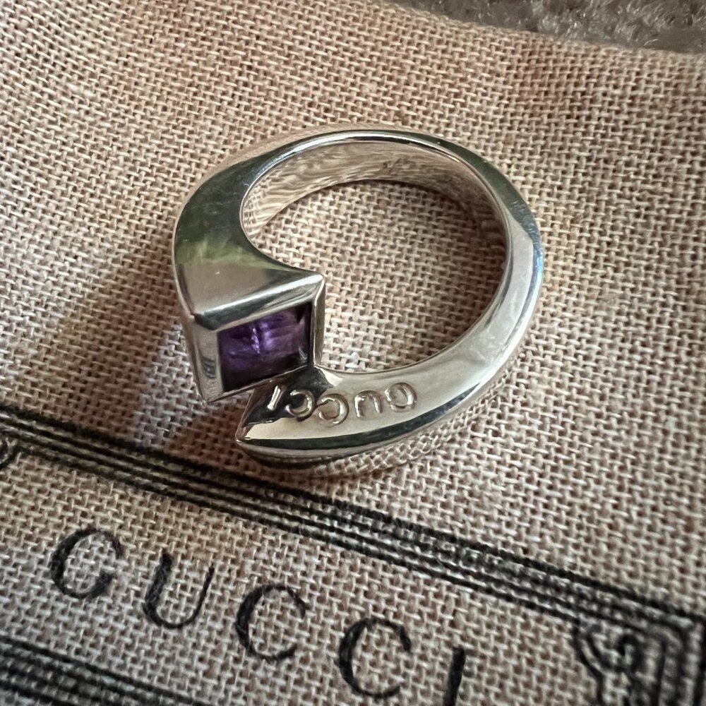 Gucci Sterling Silver 925 Amethyst Bypass Ring US Size 6.5